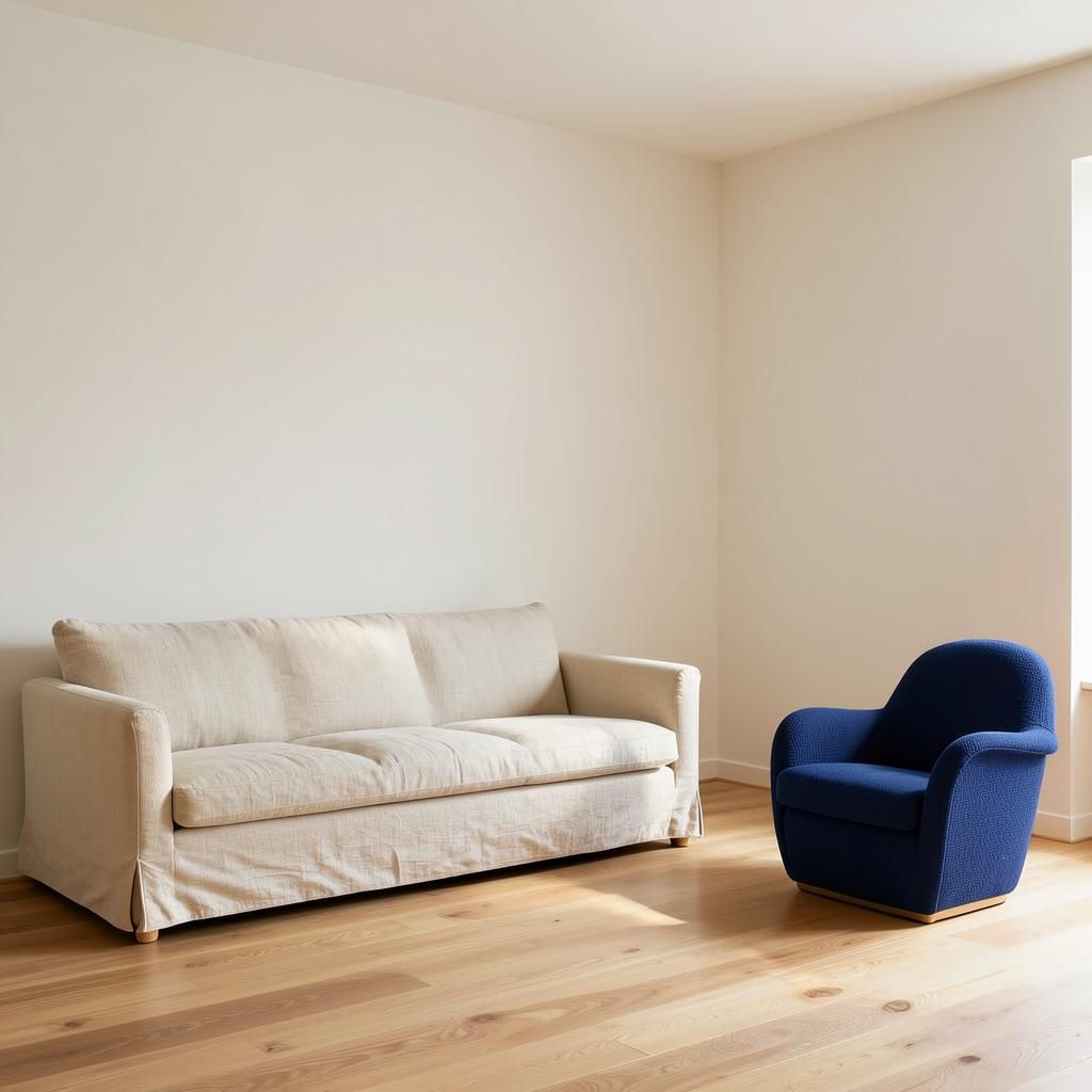 Room edited to have navy woven armchair upholstery