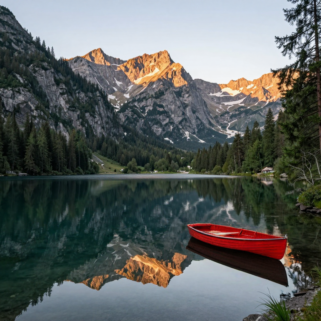 A saved DeepAny Studio Inpaint Anything result: the selected wooden boat is recolored bright red while the lake, mountains, and reflections remain in context.