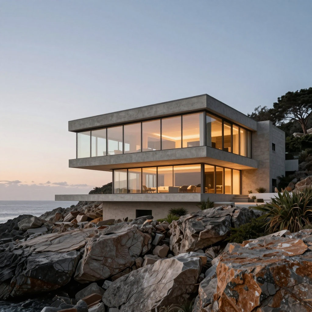 Modern hillside villa illuminated at blue hour