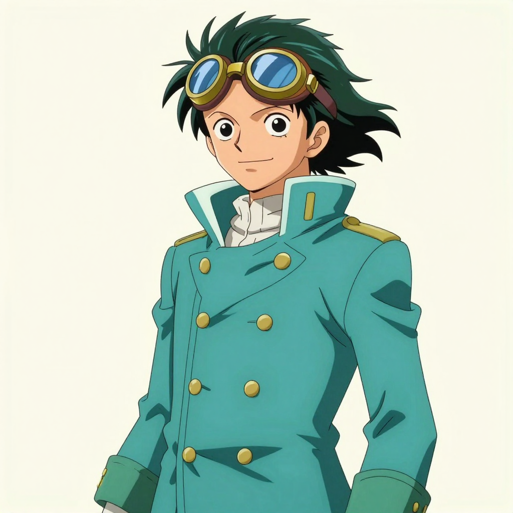 Anime-style sky pirate in a teal coat with brass goggles