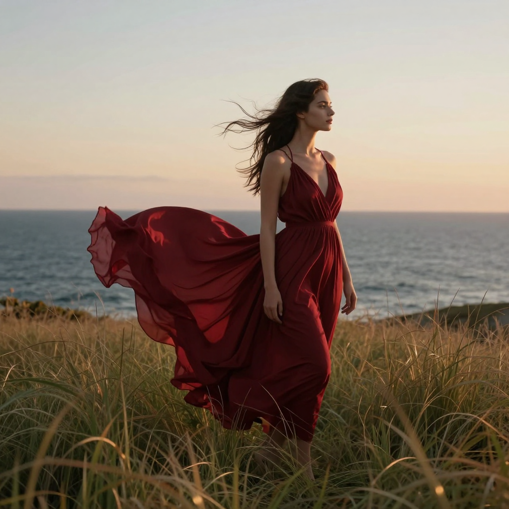Studio-generated coastal editorial: a flowing red dress, windswept grass, and a sunset over the sea