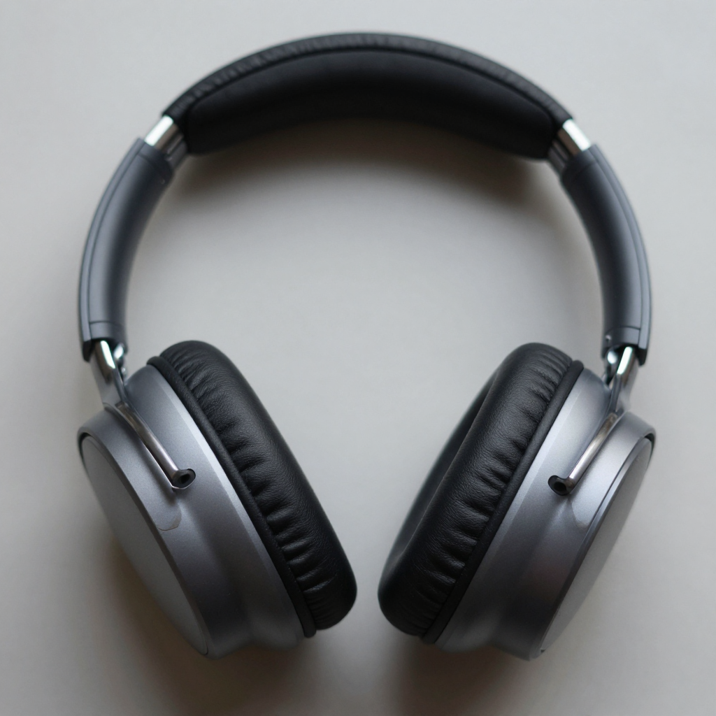 Studio-generated silver and black over-ear headphones on a plain gray surface