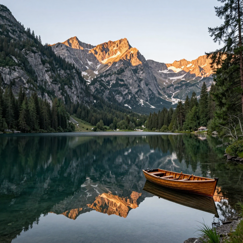 Original synthetic lake scene with a natural wooden boat