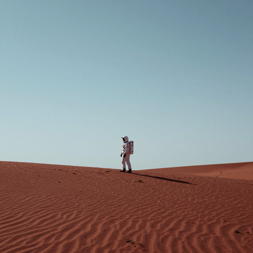 Astronaut standing in an expansive red desert under a pale blue sky
