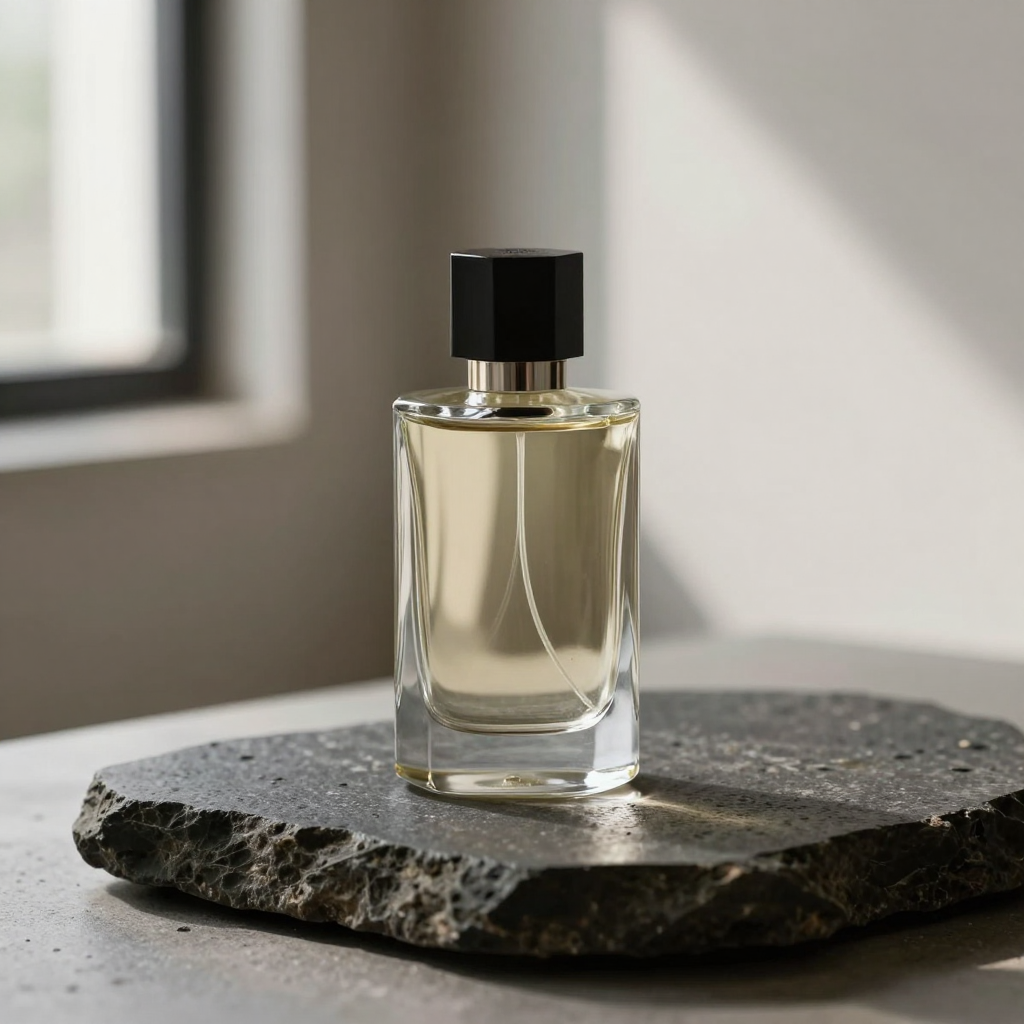 Fragrance bottle on a dark sculptural pedestal